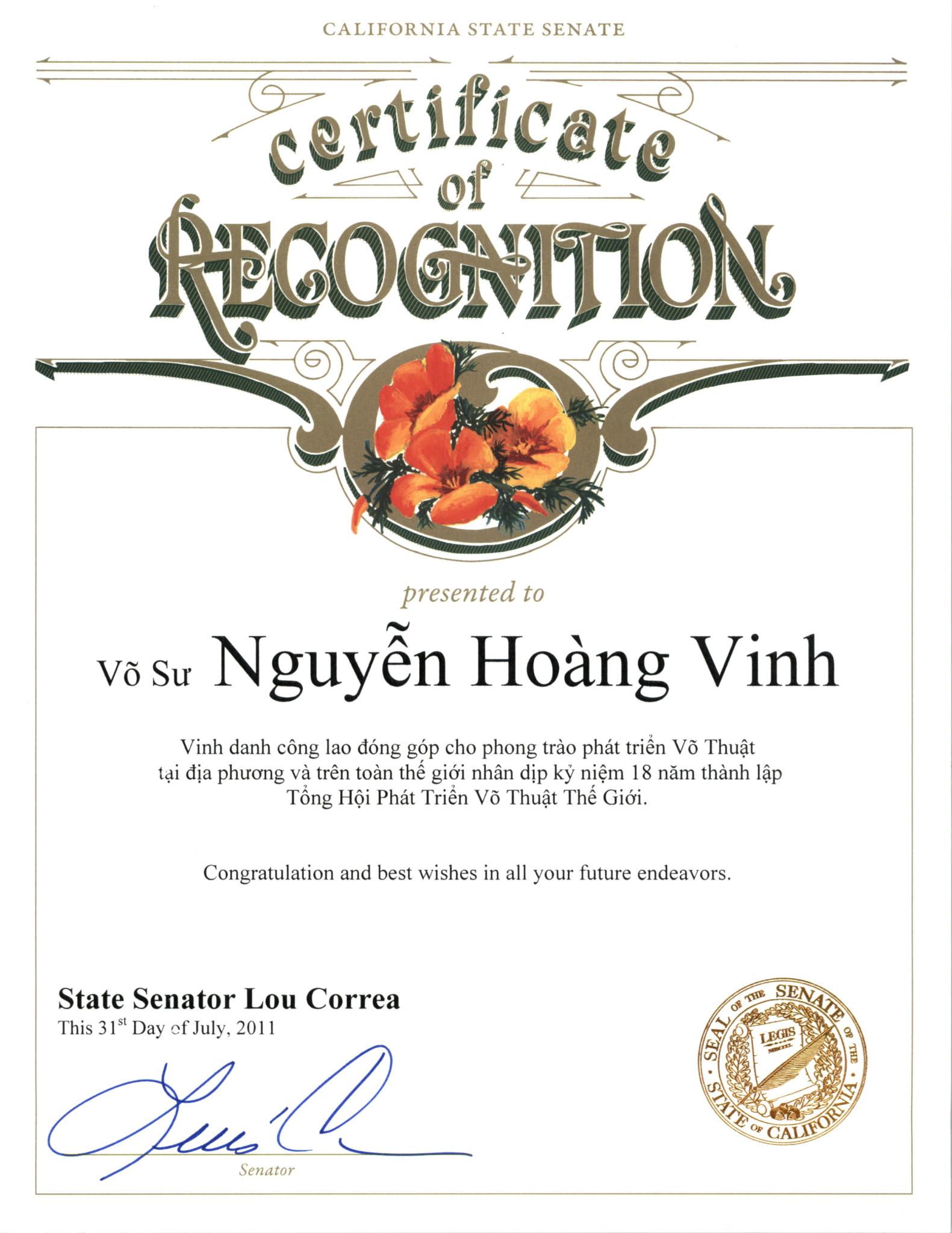 State Senate Certificate to Vinh Nguyen